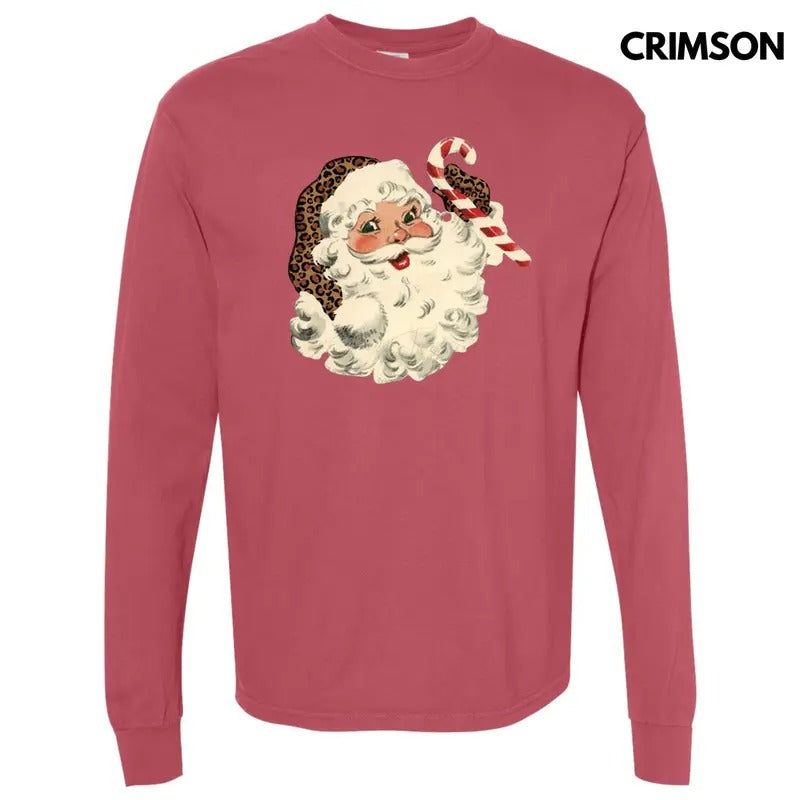 Vintage Santa Leopard Print Long Sleeve Comfort Colors T-Shirt Hoodie, Sweatshirt | RetroVerseTees.com