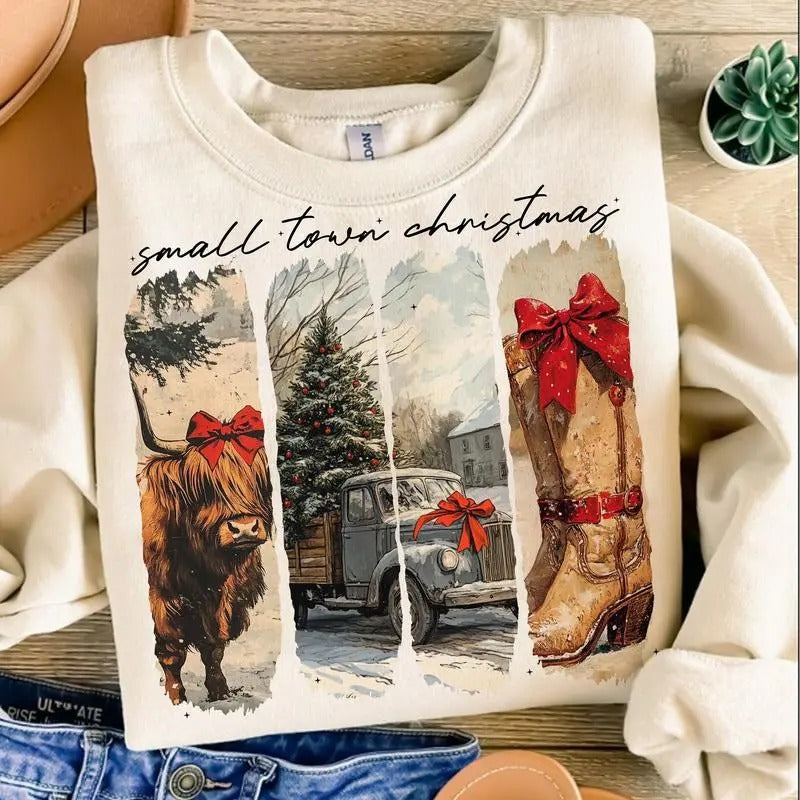 Vintage Small Town Christmas Sweater, Vintage Cow Girl Xmas Vibes Sweatshirt T-Shirts, Hoodie | RetroVerseTees.com