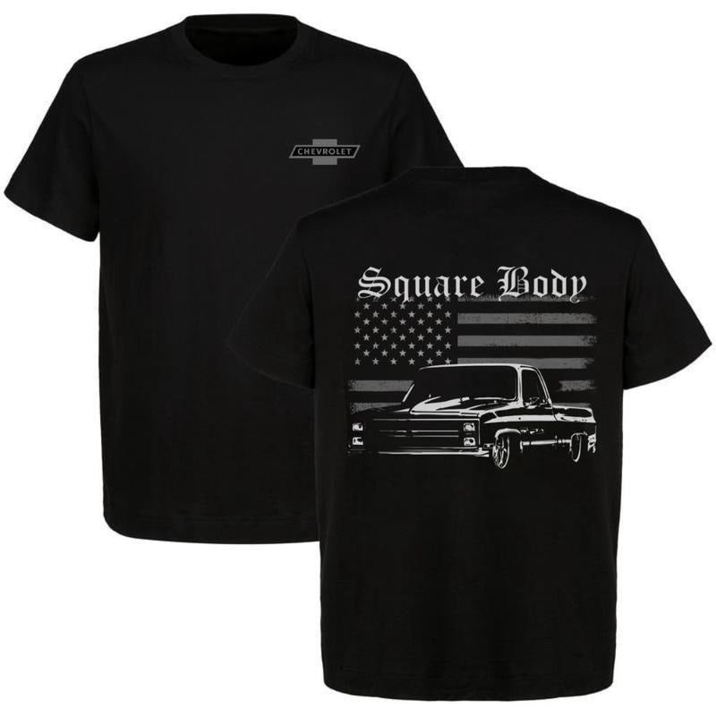 Vintage Square Body Truck America Flag 2-side T-shirt For Fans Gift For Him, Menswear Car Parts Short Sleeve Hoodie,...