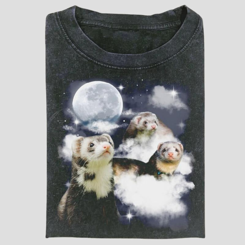 Vintage Three Ferret Moon Graphic Tee, Funny Animal Meme Shirt, Cloudcore Pet Lover Aesthetic, Unisex Menswear Womenswear...