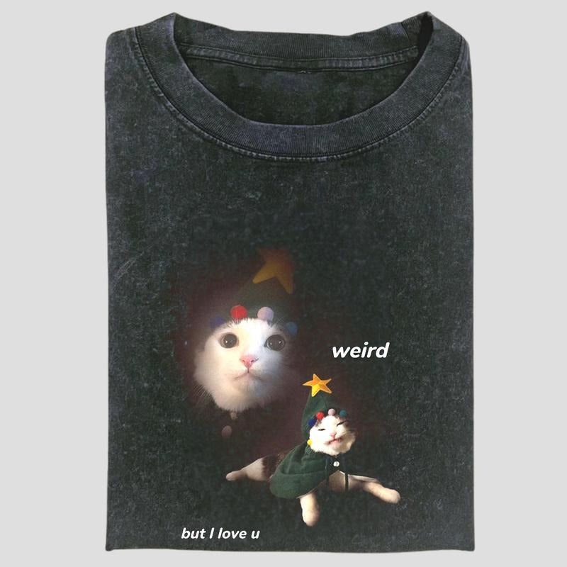 Vintage Weird But I Love U Cat Graphic Tee, Funny Wholesome Meme Shirt, Softcore Romantic Animal Aesthetic, Unisex...