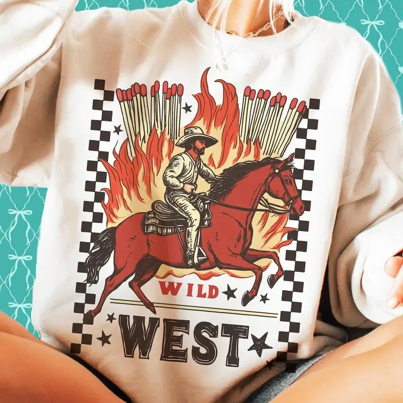 Wild West Vintage Cowboy Unisex Shirt, Retro Rodeo Western Sweater, Cowboy on Horse Trendy Western Tee, For Men, For...