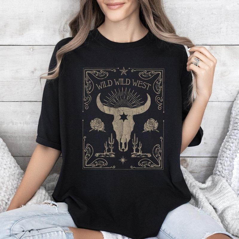 Wild Wild West, Skull, Cattle, Cowboy, Cowgirl, Tshirt, Women's Crew Neck, Crewneck Hoodie, Sweatshirt | RetroVerseTees.com