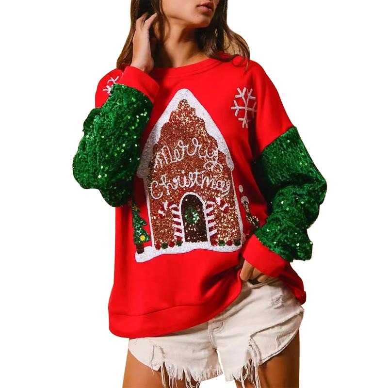 Women Christmas Sweatshirt, Long Sleeve Crew Neck Elk Print Hoodie Pullover for Casual Daily T-Shirts | RetroVerseTees.com
