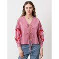 Women Long Sleeve Shirts Plaid Heart Pattern Front Two Bowknot Tie-Up V-Neck Blouses Fashion Spring Casual Tops Light...
