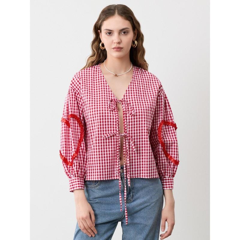 Women Long Sleeve Shirts Plaid Heart Pattern Front Two Bowknot Tie-Up V-Neck Blouses Fashion Spring Casual Tops Light...