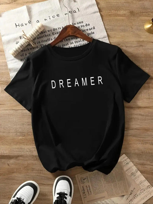 Women's "DREAMER" Letter Print Round Neck Tee, Fashion Casual Crew Neck Short Sleeve T-shirt for Daily Holiday Vacation...