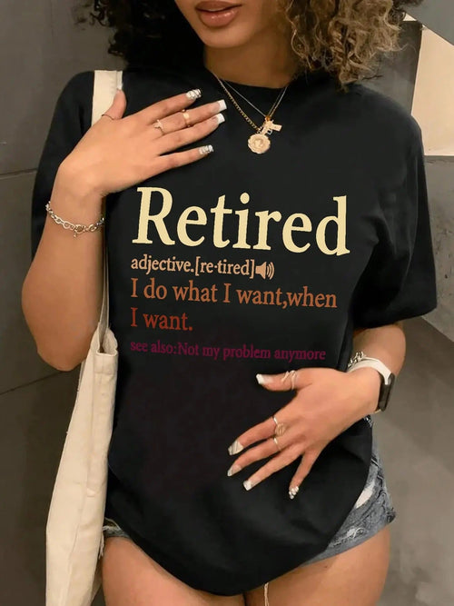Women's "Retired" Letter Print Round Neck Tee, Casual Crew Neck Short Sleeve T-shirt for Daily Holiday Vacation Outdoor...
