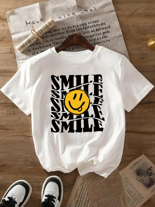 Women's "SMILE" Letter & Smile Face Print Round Neck Tee, Trendy Casual Crew Neck Short Sleeve T-Shirt for Daily Holiday...
