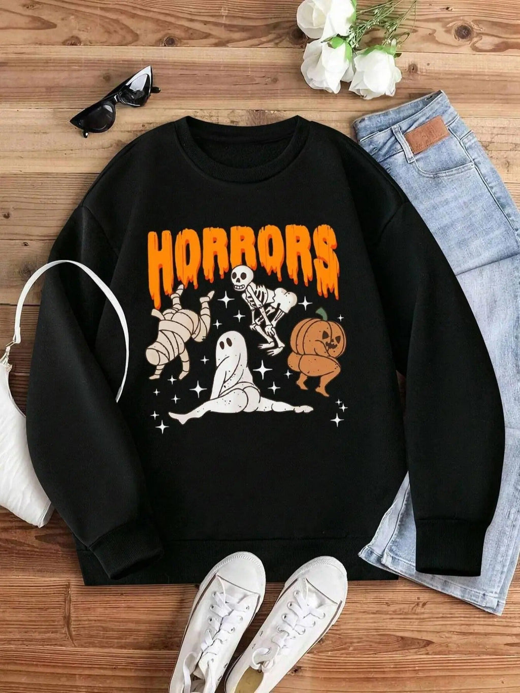 Women's Cartoon Letter Print Crew Neck Sweatshirt, Casual Drop Shoulder Long Sleeve Pullover, Women's Fall & Winter...