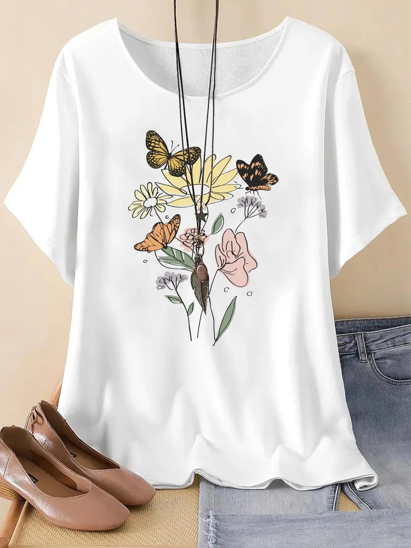 Women's Floral & Butterfly Print Round Neck Tee, Vintage Trendy Casual Drop Shoulder Short Sleeve T-shirt For Daily Wear,...