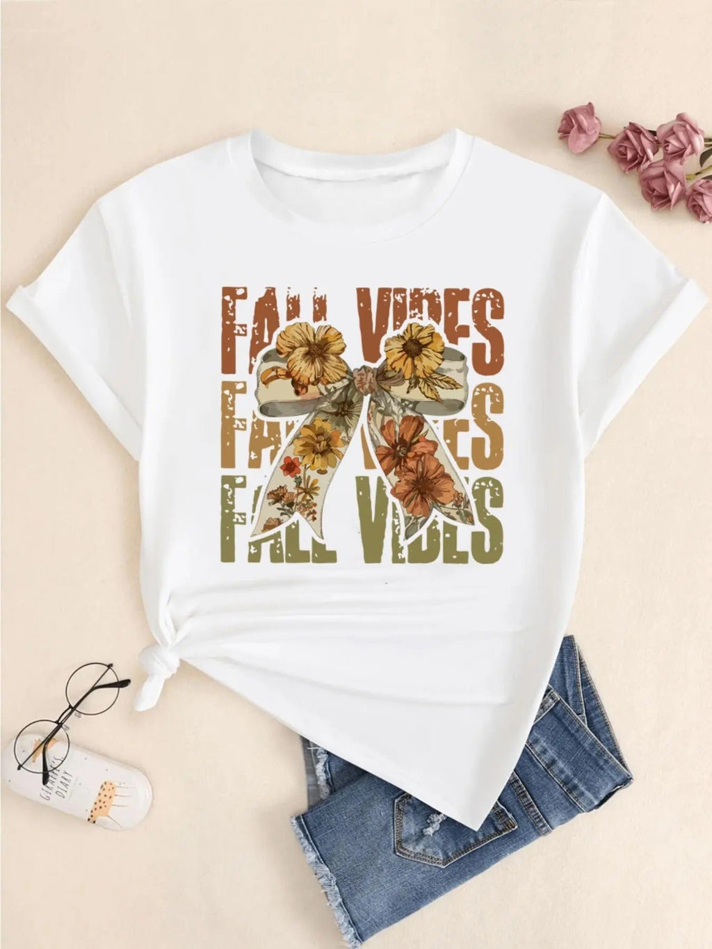 Women's Floral & Letter Print Round Neck Tee, Fashion Casual Crew Neck T-Shirt for Daily Holiday Vacation Outdoor Wear,...
