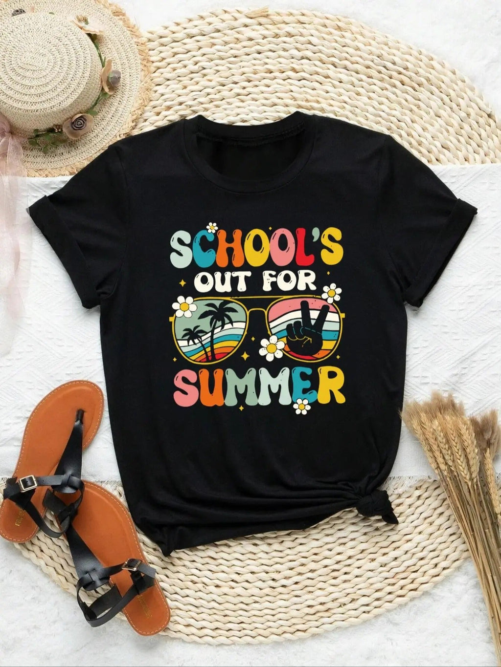 Women's Letter & Plants Print Round Neck Tee, Trendy Casual Glasses Print Short Sleeve T-shirt for Daily Wear, Ladies...
