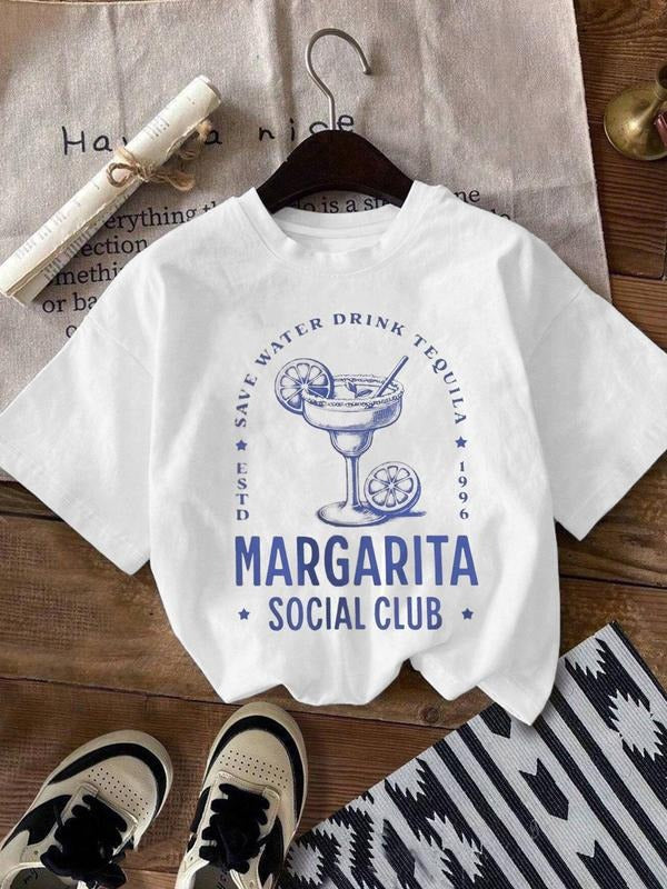 Women's Margarita Social Club Round Neck Graphic Tee, Vintage Trendy Casual Crew Neck T-shirt for Daily Wear, Ladies All...