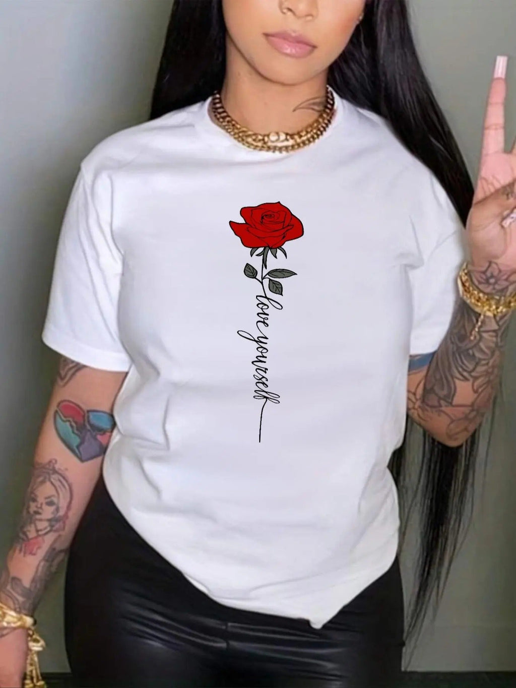 Women's Rose & Letter Print Round Neck Tee, Fashion Casual Crew Neck T-shirt for Daily Holiday Vacation Outdoor Wear,...