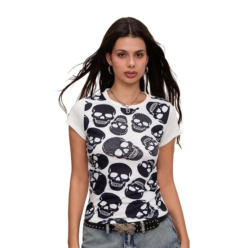 Women's Summer Slim Tops Short Sleeve Round Neck Skull Print Rhinestone T-shirts Womenswear Check Hoodie, Sweatshirt