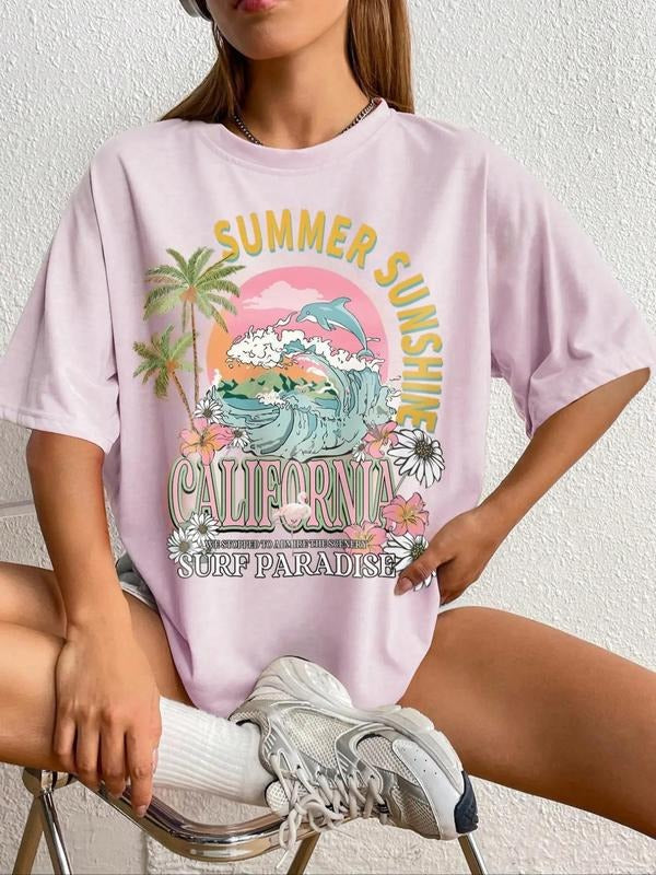Women's Sun & Marine Life Print Round Neck Graphic Tee, Vintage Trendy Casual Drop Shoulder Short Sleeve T-shirt for...