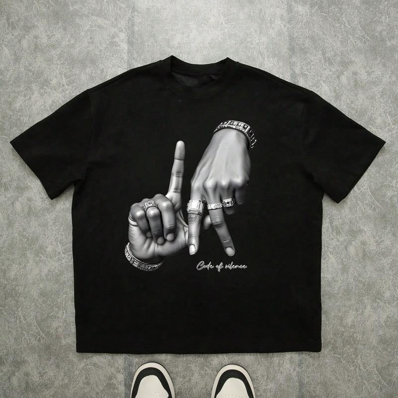 Y2K Clothing Hand Sign Cod of Silence Casual Graphic T-Shirt Graphic Tee Cotton Top Streetwear Hoodie, Sweatshirt
