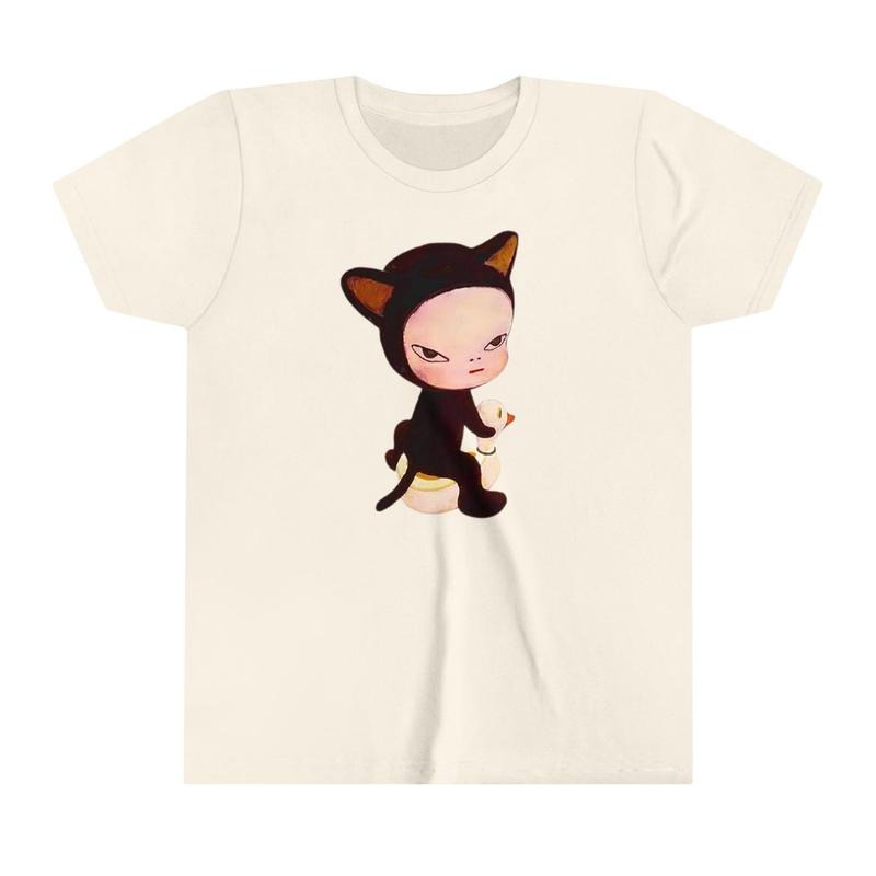 Yoshitomo Nara Kitty Cat Girl Baby Tee, Vintage Graphic Top, Y2k Top Women Streetwear, Women Fitted T-Shirt, Gothic Emo...
