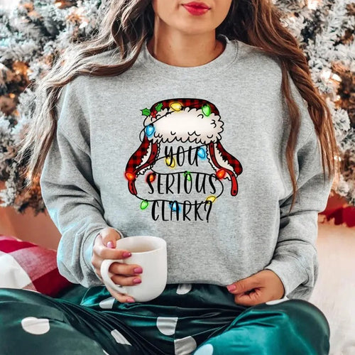 "You Serious Clark"? Christmas Sweatshirt - Hoodie with Christmas Lights and Plaid Hat Design, Cozy Apparel for Movie...