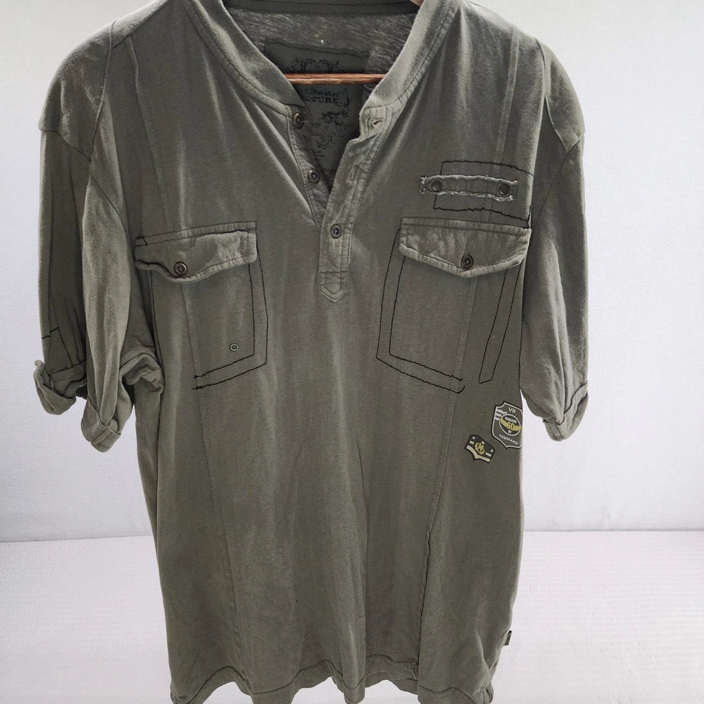 Modern Culture Mens Olive Green Henley Shirt Patches Pockets Extra Large XL