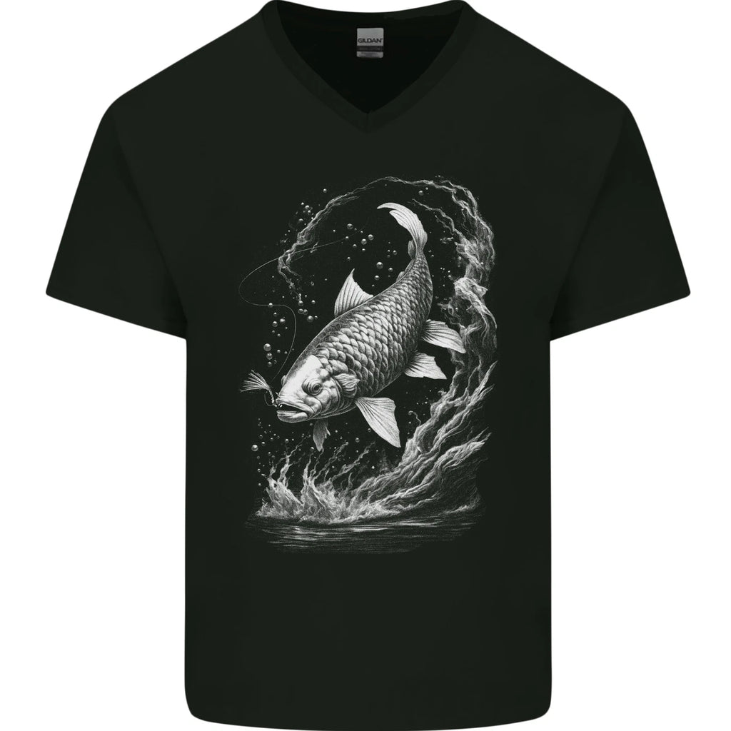 Carp Fish on a Line Fishing Fisherman Mens V-Neck Cotton T-Shirt