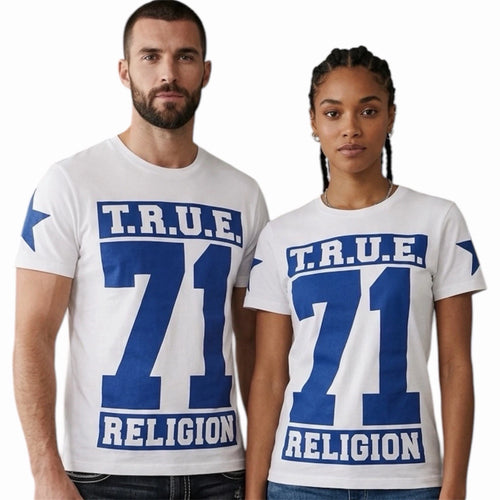 $105 TRUE RELIGION White Blue 71 STARS Short Sleeve Graphic Heavyweight T-shirt