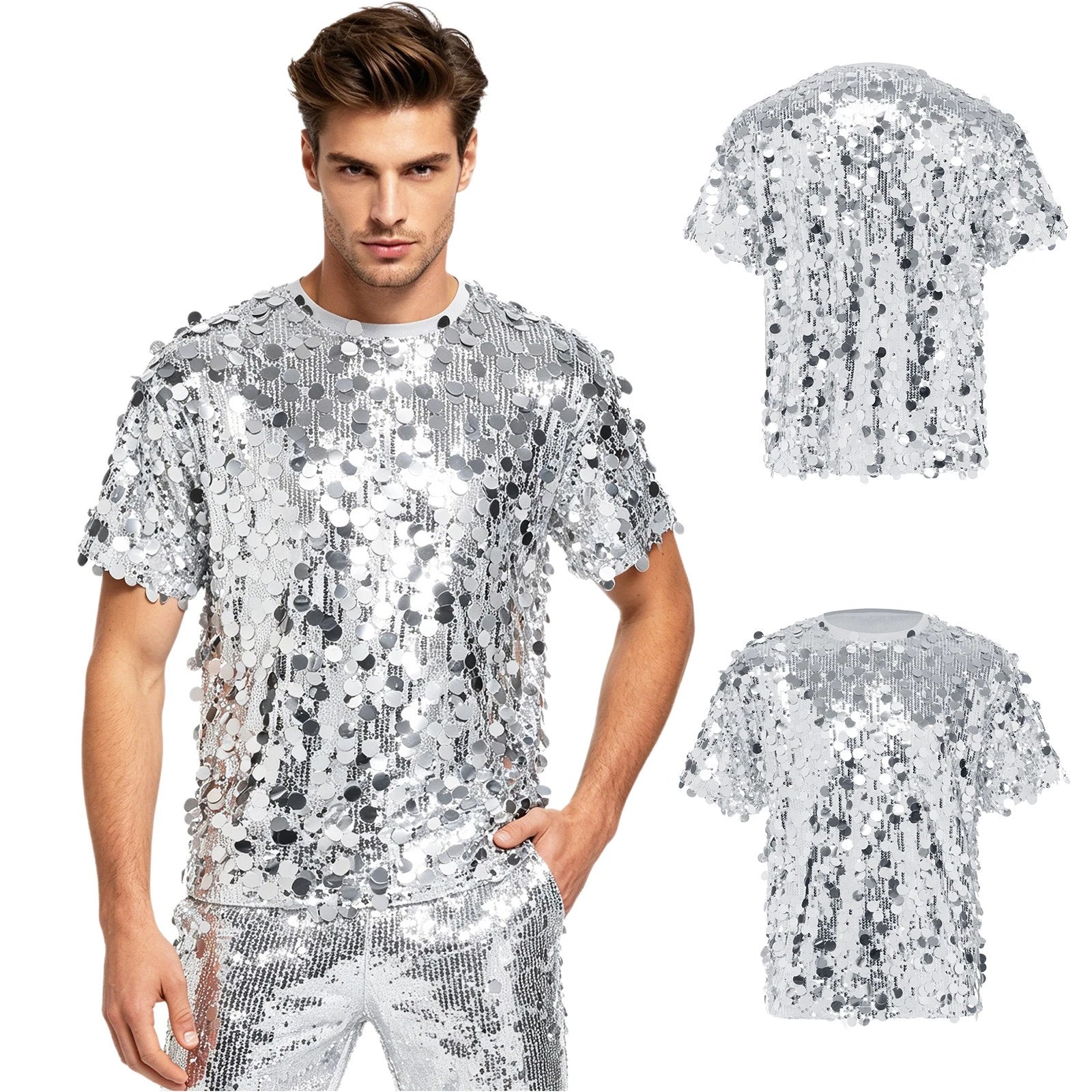 Men T-shirt Party Tee Raves Dance Top Clubs Glitter Daily Wear Allover Disco