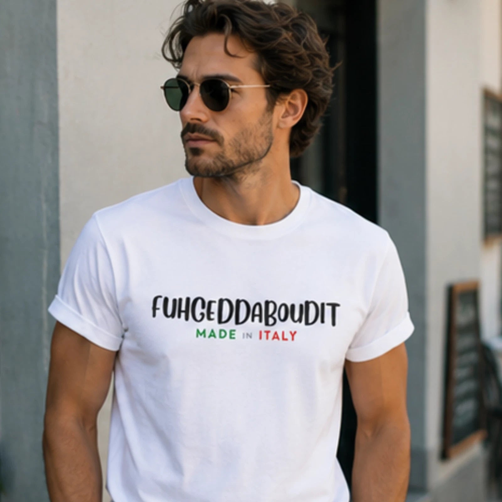 Fuhgeddaboudit Made in Italy T-shirt | Italian Phrase Tee | Men's Graphic Tee
