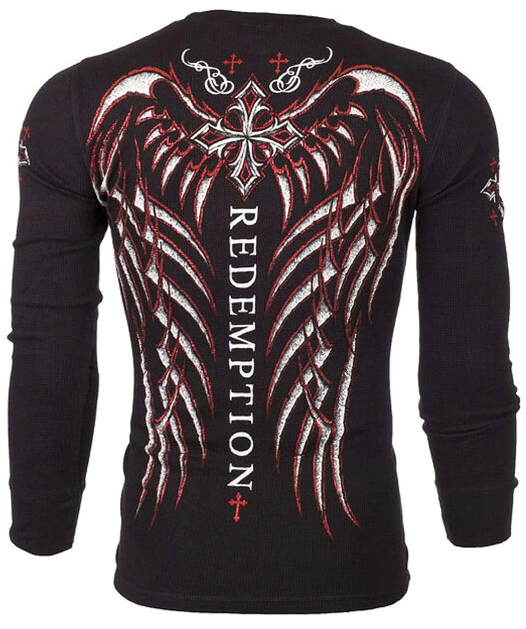 Archaic by Affliction Men's Thermal Shirt SPINE WINGS Black Biker S-3XL