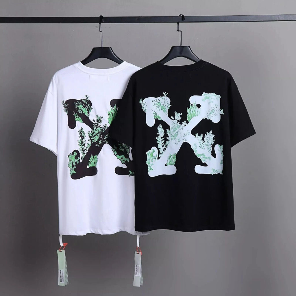 Hot new OFF Green Leaf WHITE Arrow Art T-shirt Round Neck Cotton Summer Casual