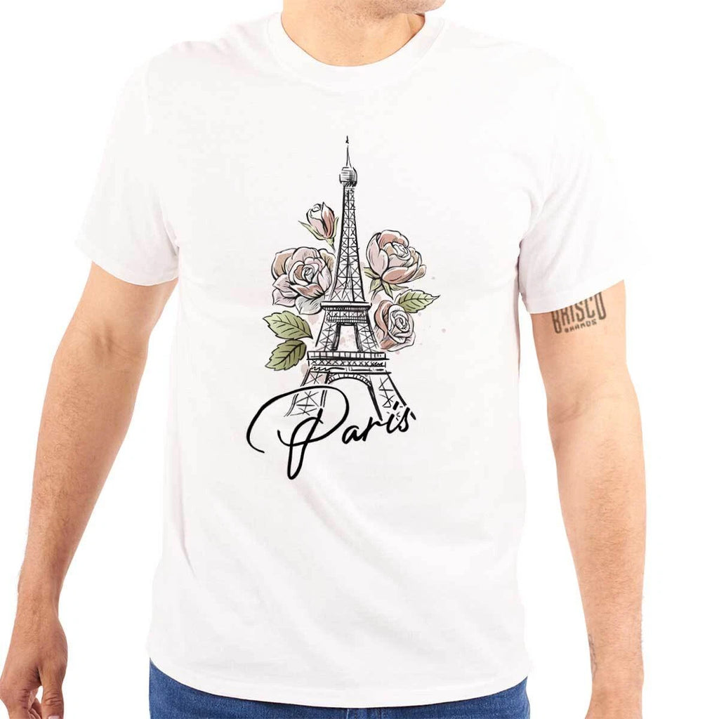 Cute Paris France Rose Flower Eiffel Tower Womens or Mens Crewneck T Shirt Tee