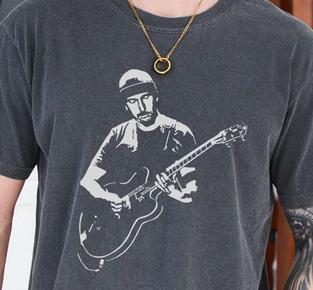 U2 The Edge T-Shirt Gibson Les Paul Rock Band on Premium Comfort Colors 1717 Tee