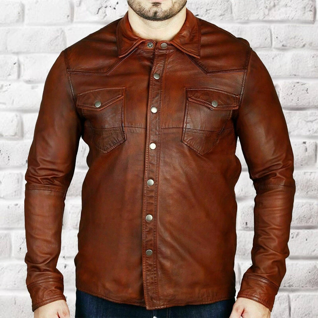 Men’s Luxury Tan Lambskin Leather Shirt Jacket Real leather Slim Fit partywear