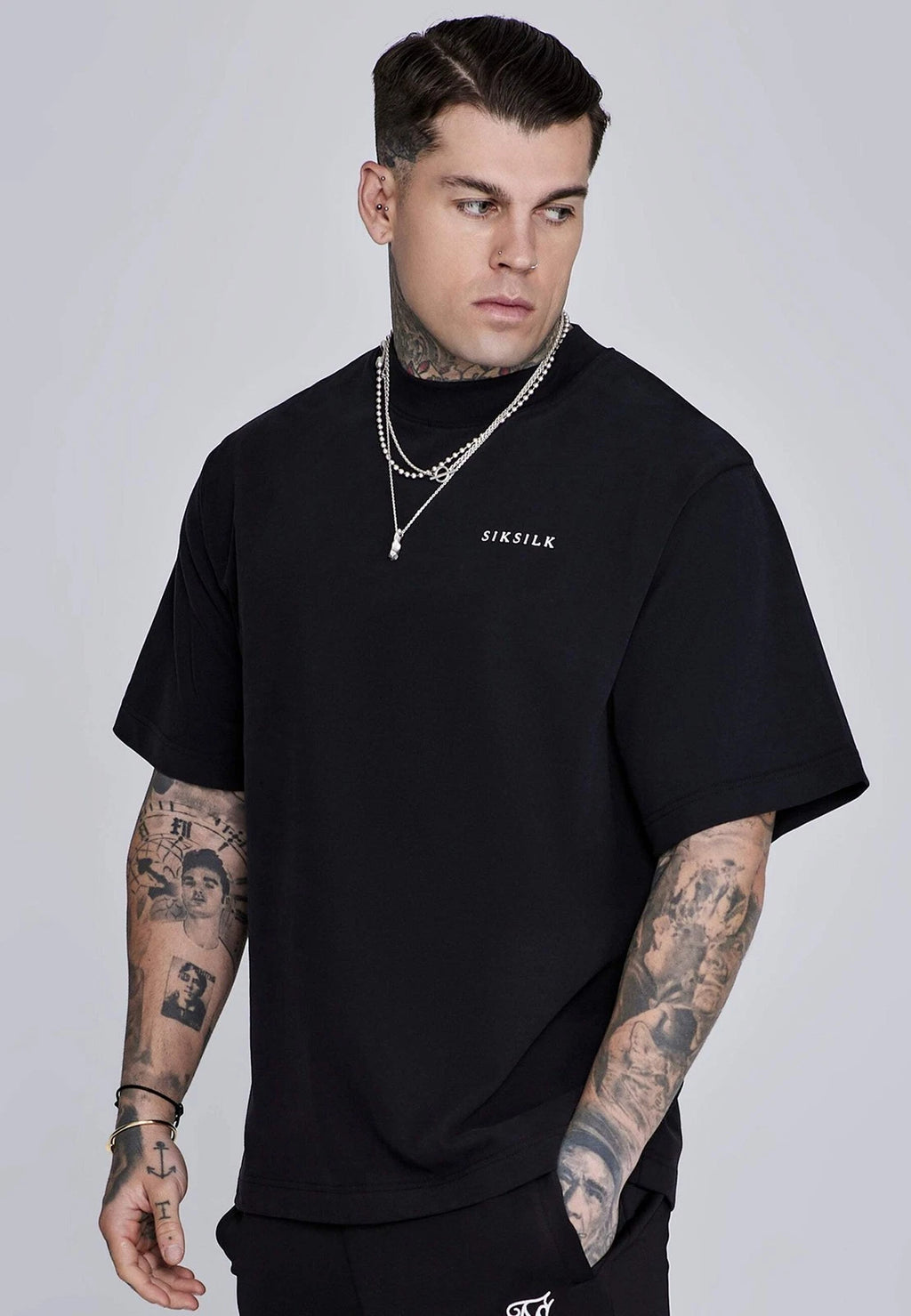 SikSilk Men's Crew Neck Drop Shoulder Oversized Graphic T-Shirt Tee Black