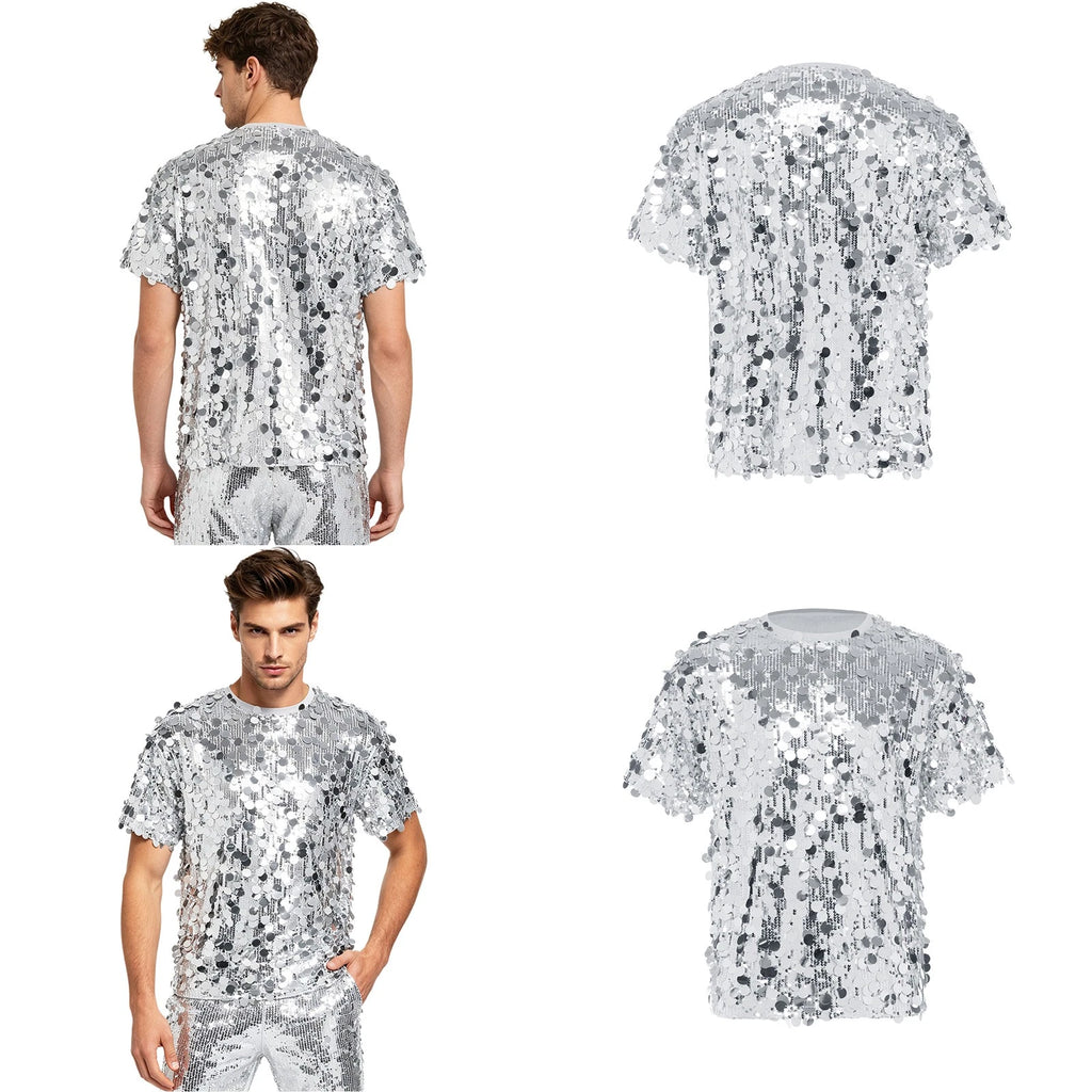 Men Tee Party Dance Top Crew Neck T-shirt Music Festivals Sequins Daily Wear