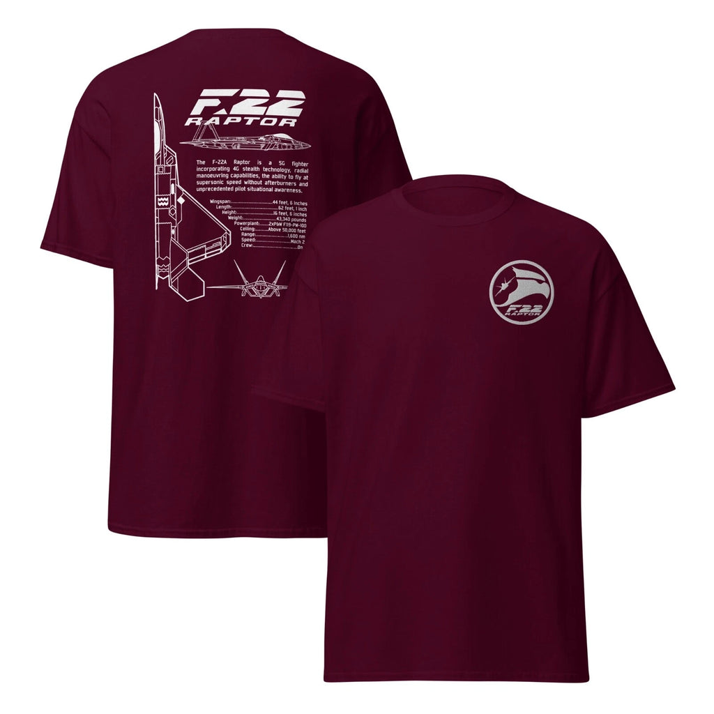 F-22 Raptor Fighter Jet T-Shirt with Embroidered Logo and Infographic Design
