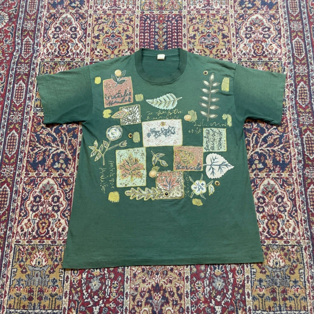 VTG 80s 90s Green Botanical Nature Art Puff Print Graphic T Shirt XL USA faded