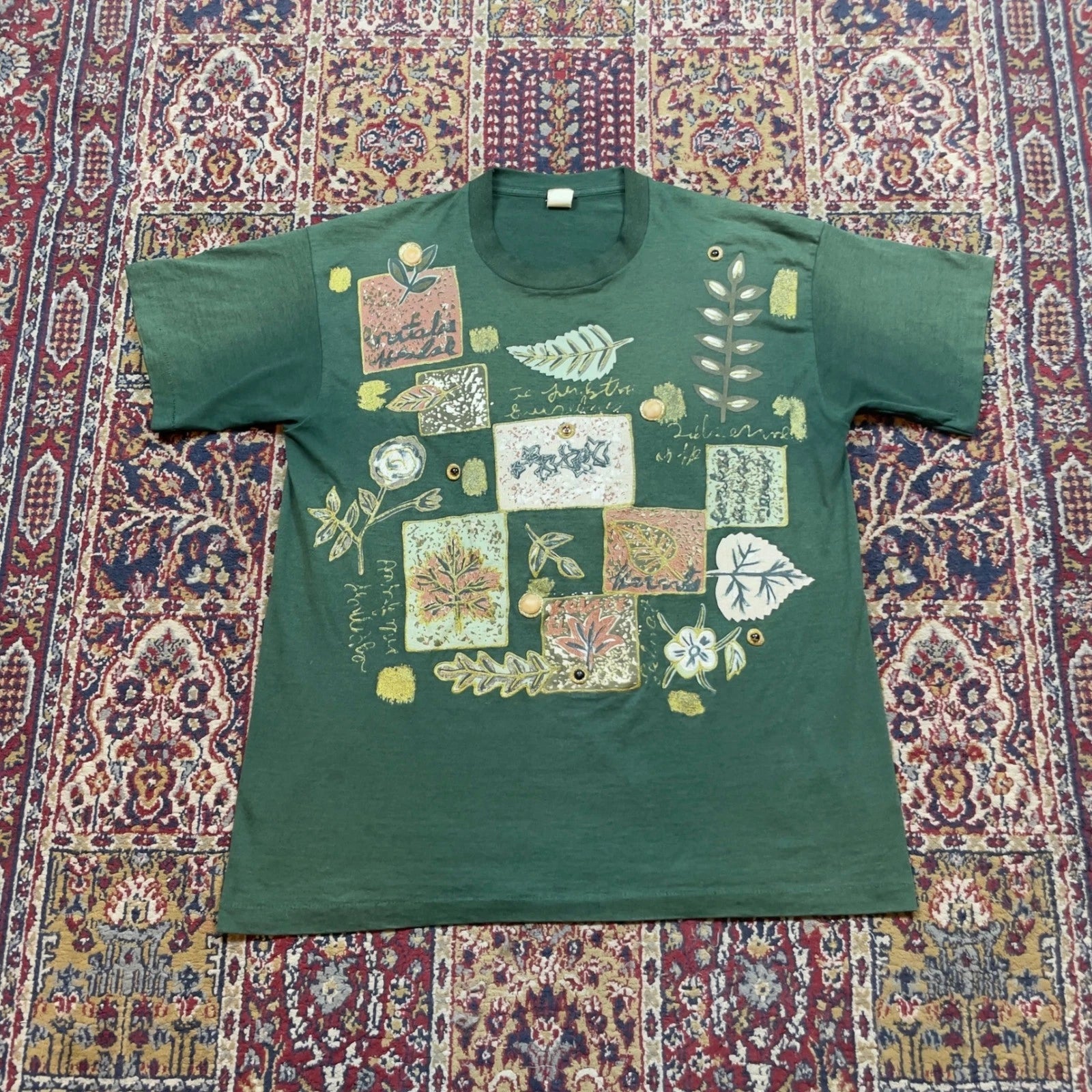 VTG 80s 90s Green Botanical Nature Art Puff Print Graphic T Shirt XL USA faded