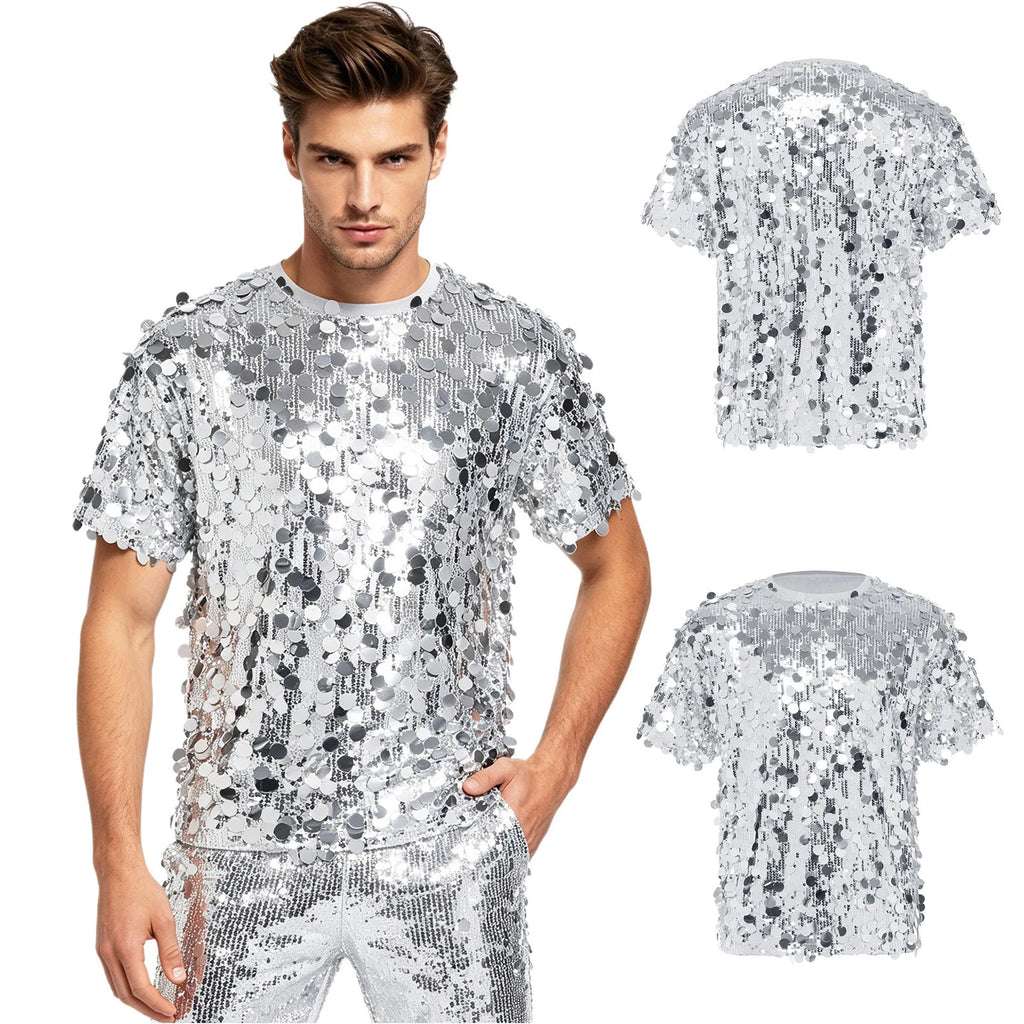 Men T-shirt Clubwear Dance Top Daily Wear Tee Crew Neck Glitter Dates Allover