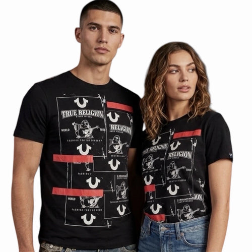 $69 TRUE RELIGION Black BUDDHA TAPE Short Sleeve Designer Graphic T-shirt NWT