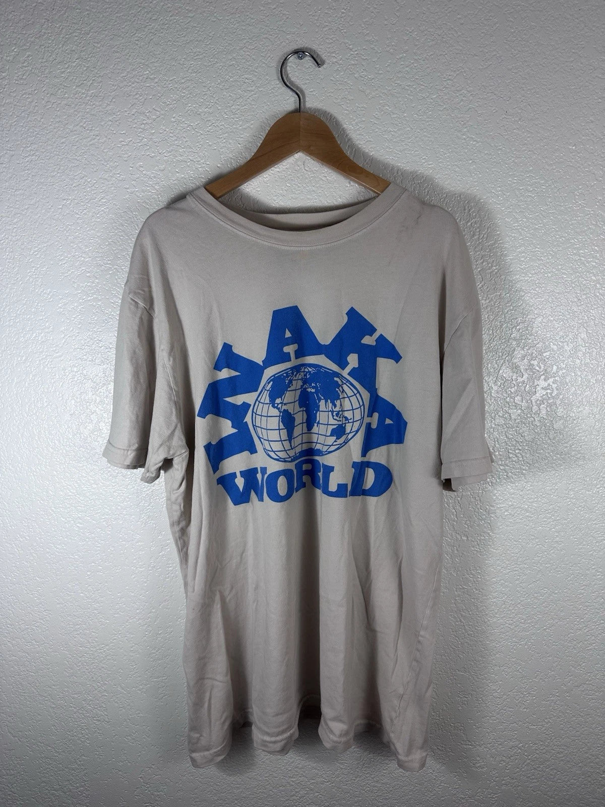 Inaka World Graphic T-Shirt Beige Blue Globe Logo Oversized Streetwear Tee XL