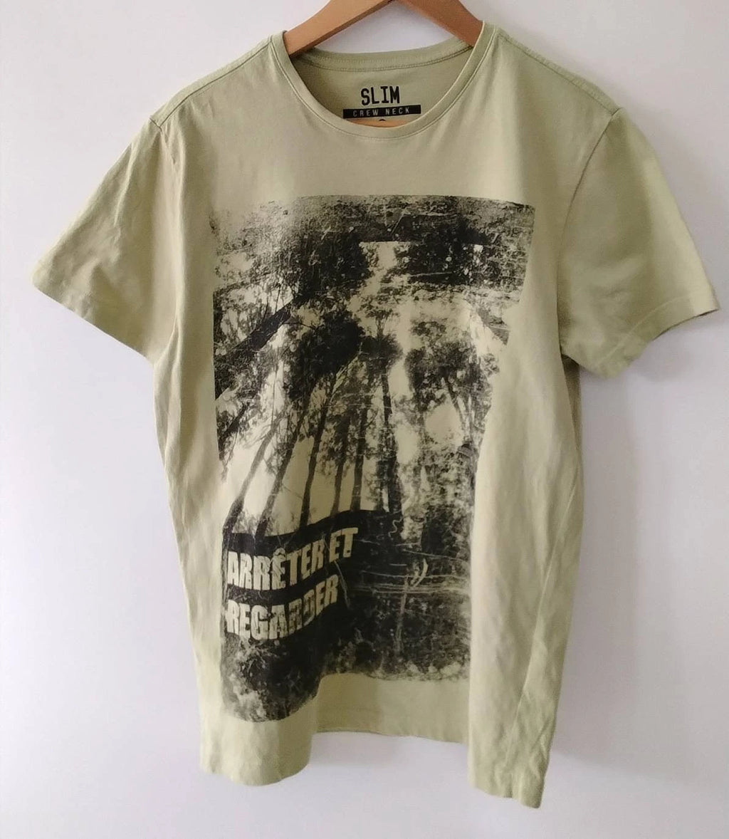 Men’s Slim Crew Neck Graphic T Shirt Palm Tree Print Beige Casual Size M