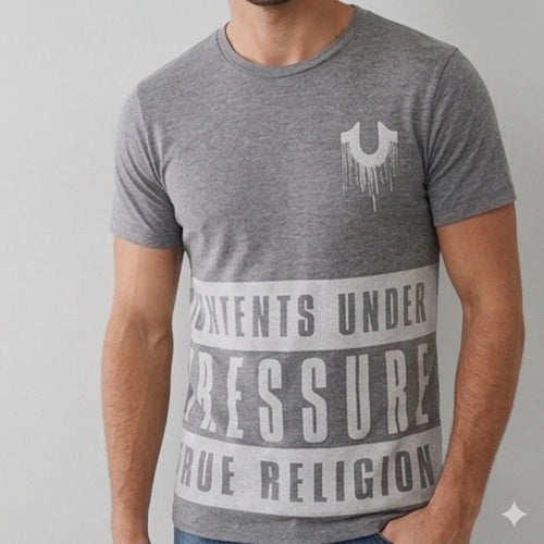$68  TRUE RELIGION Grey CONTENTS Short Sleeve Designer Graphic T-shirt NWT