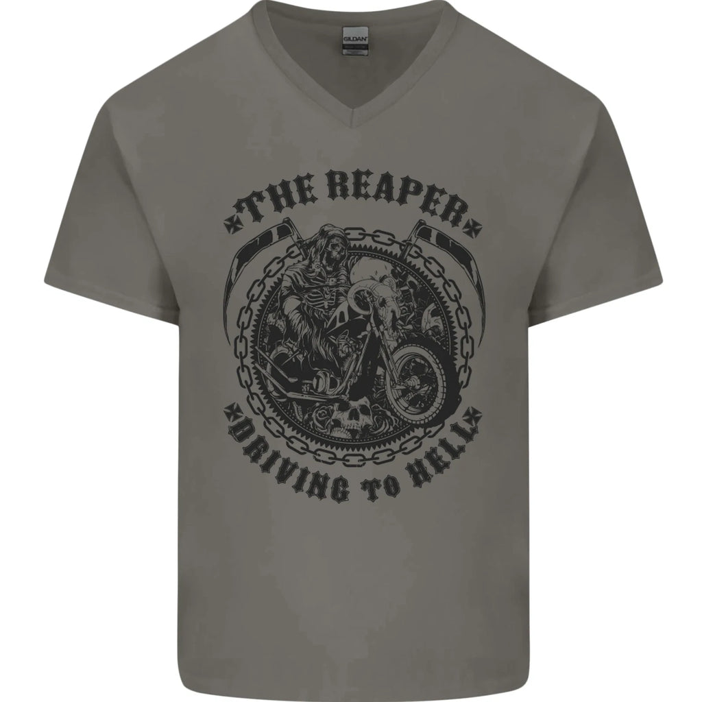 Grim Reaper Motorbike Motorcycle Biker Mens V-Neck Cotton T-Shirt