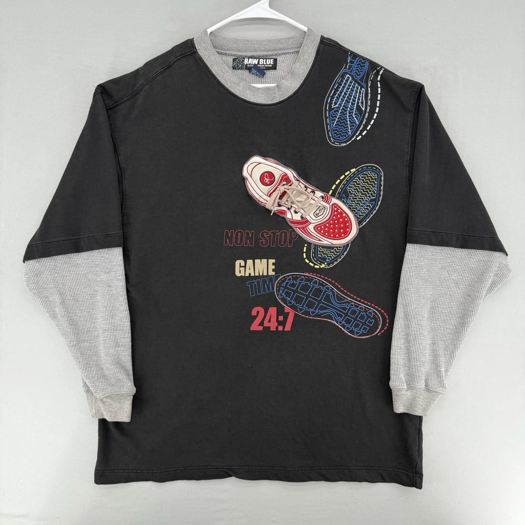 Raw Blue Shirt Mens 2XL Black Long Sleeve Crewneck Graphic Sneaker Streetwear