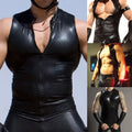 Stylish Mens PU Leather Shiny Sleeveless Zip Tshirt for Stage Clubwear