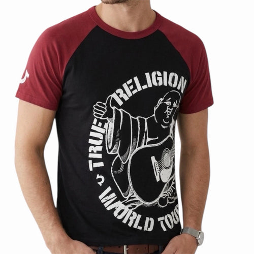 $79 TRUE RELIGION Black Red PART BUDDHA Short Sleeve Designer Raglan T-shirt NWT