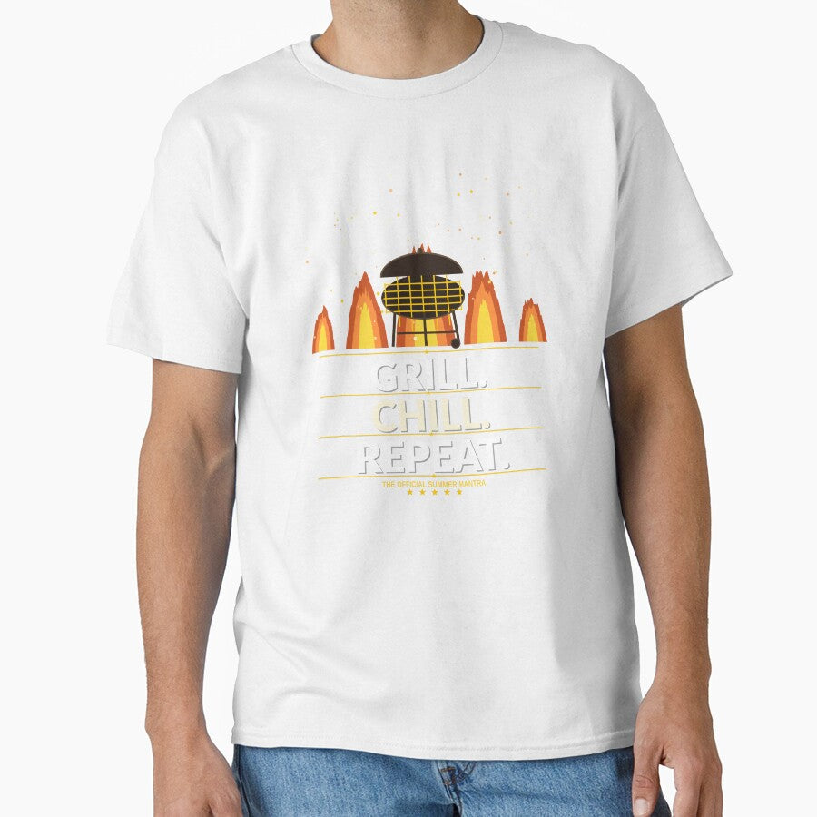 Grill Chill Repeat Shirt | Funny Memorial Day BBQ Gift for Dad Grill Master Summer by Daily Mood Tees