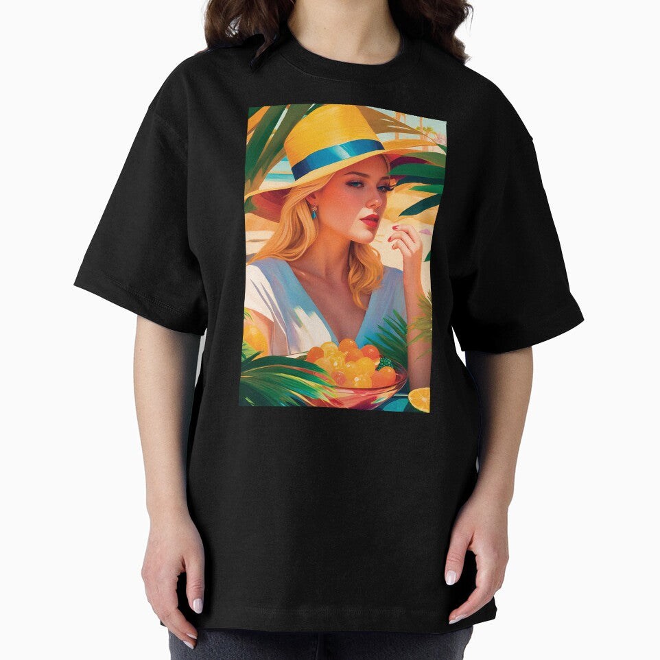 Beautiful Classy Woman In Hat On A Beach With Palm Trees Eating Hot Summer Fruits Stylish Painting by TriniTeeClub